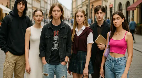 Grupa nastolatków w różnorodnych stylizacjach stoi na ulicy.