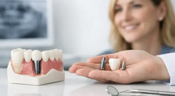 Un implantólogo dental muestra un modelo de mandíbula con un implante y en su mano, un implante, un diente y otro implante.
