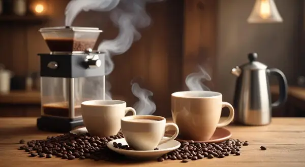 Färskt kaffe med ånga som stiger från kopparna. Kaffebönor sprider sig över bordet. En kaffebryggare och en tekanna syns i bakgrunden. Kaffe koffein per 100 ml.