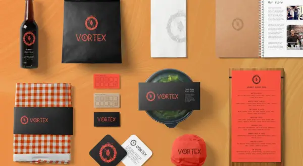 Projekt menu i materiały promocyjne restauracji VORTEX, stworzone w Affinity Publisher.