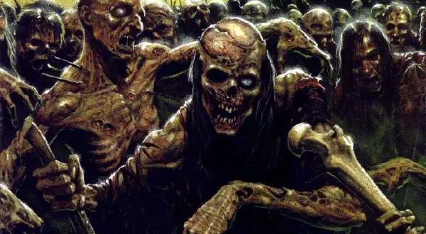 Przerażająca horda ludzi zombie, z rozkładającymi się ciałami i pustymi oczami, zbliża się w mroku.