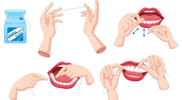 Ilustracja pokazuje jak używać nić dentystyczną do czyszczenia zębów.