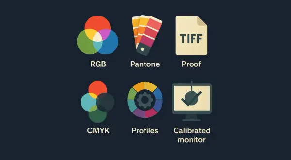 Ikony graficzne: RGB, Pantone, Proof, CMYK, Profiles, Calibrated monitor. Zestaw narzędzi do pracy z kolorem.