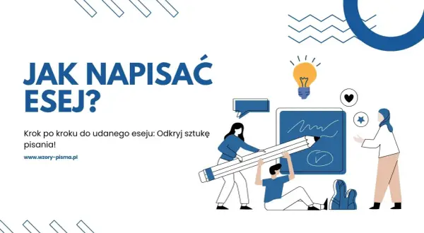 Jak napisać esej? Ilustracja pokazuje ludzi tworzących tekst, symbolizując proces pisania.