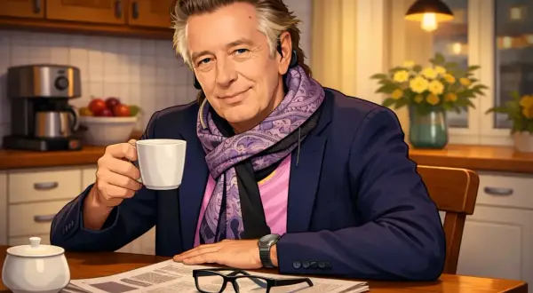 Tommy Berggren sitter vid ett köksbord med en kaffekopp och tidning.