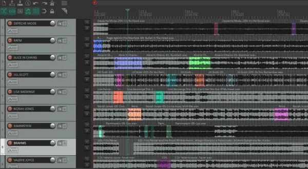 DAW-Software zeigt Musikproduktion mit vielen Spuren von Depeche Mode, RATM, Alice in Chains, Jill Scott, Lisa Bassenge, Norah Jones, Rammstein, Brahms und Valerie Joyce.