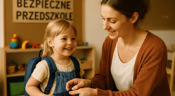 Uśmiechnięta pani pomaga dziewczynce z plecakiem w przedszkolu. Zastanawiasz się, ile kosztuje przedszkole państwowe?