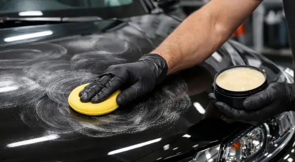 Ręka w czarnej rękawiczce nakłada wosk na czarną maskę samochodu. Czy po woskowaniu płukać auto? To pytanie zadaje sobie wielu kierowców.