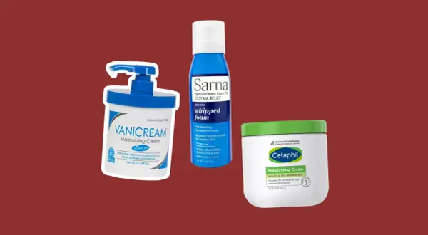 Krem Vanicream, pianka Sarna na egzemę i krem nawilżający Cetaphil. Produkty te, w tym Nivelium med, pomagają łagodzić suchość i podrażnienia skóry.