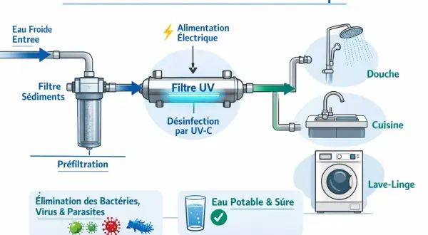 Schéma d'une installation domestique montrant le fonctionnement d'un filtre UV pour désinfecter l'eau, éliminant bactéries et virus avant distribution à la douche, cuisine et lave-linge.