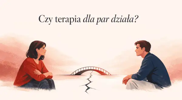 Para siedzi po przeciwnych stronach pękniętej ziemi, z mostem w oddali. Czy terapia dla par pomoże im się połączyć?
