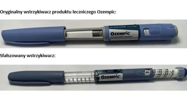 Oryginalny i sfałszowany wstrzykiwacz Ozempic. Producent leku Ozempic dba o bezpieczeństwo pacjentów.