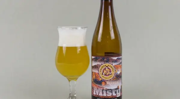 Szklanka z bursztynowym piwem i pianką obok butelki "Misty" Contemporary IPA. Idealny new england ipa na wieczór.