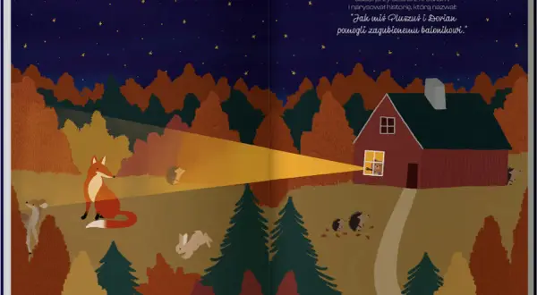 Ilustracja nocnego lasu z chatką, lisem, sarną, króliczkiem i jeżami.