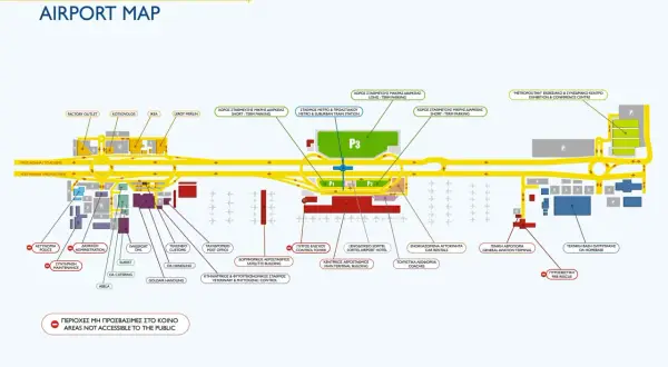 Mapa lotniska w Atenach z zaznaczonymi parkingami, terminalami, sklepami (IKEA, Leroy Merlin), hotelem i innymi punktami.