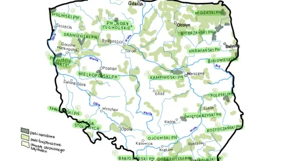 Mapa Polski z zaznaczonymi parkami narodowymi i krajobrazowymi. Odkryj piękno przyrody w parkach krajobrazowych w Polsce.
