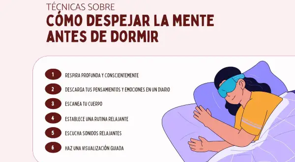 Mujer durmiendo con antifaz, lista para lecturas para relajarse. Técnicas para despejar la mente antes de dormir: respirar, escribir, escanear cuerpo, rutina, sonidos y visualización.