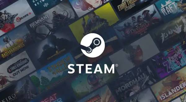 Logo Steam otoczone kolażem okładek popularnych gier.