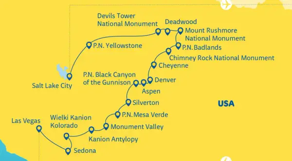 Mapa USA z trasą przez najpiękniejsze parki narodowe: Yellowstone, Wielki Kanion Kolorado, Mesa Verde, Badlands i inne.