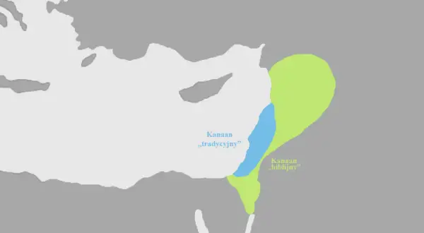 Mapa przedstawia obszar Bliskiego Wschodu z zaznaczonymi regionami: "Kanaan tradycyjny" (niebieski) i "Kanaan biblijny" (zielony), ukazując historyczne granice biblijnej ziemi obiecanej.