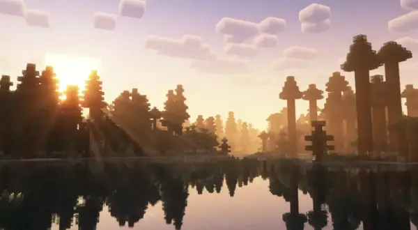 Piękny wschód słońca w Minecraft z promieniami przechodzącymi przez drzewa. Chcesz wiedzieć, jak wgrać shadery do Minecraft, by uzyskać taki efekt?
