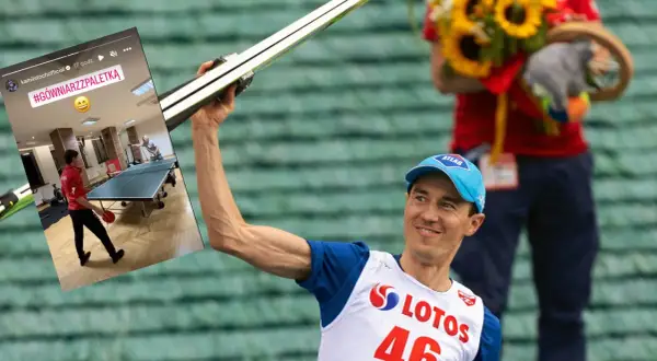 Kamil Stoch z paletką do tenisa stołowego, w tle zdjęcie z #gówniarzzpaletką.