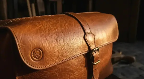Sacoche en cuir brun, patiné par le temps, avec un fermoir et un logo lion gravé. Le cuir, c'est la qualité qui traverse les âges.