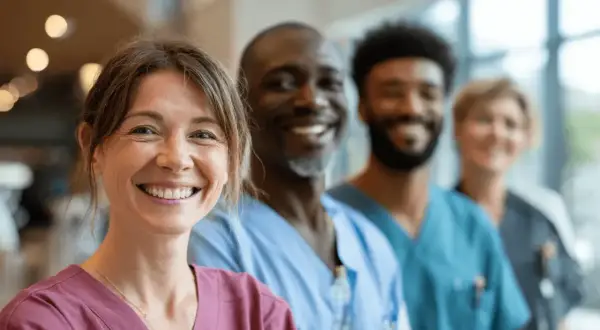 Ein lächelndes Pflegeteam in blauen Kitteln. Sie repräsentieren flexible Arbeitszeitmodelle Pflege Beispiele für ein motiviertes Team.