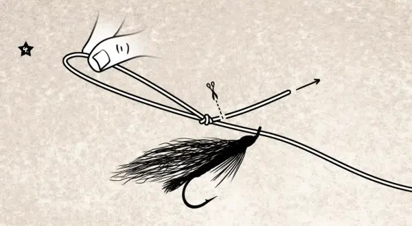Schritt 4: Die Schnur wird durch die Schlaufe geführt, um die Fliege zu binden. Ein kleiner Pfeil zeigt die Richtung an, in der die Schnur abgeschnitten wird.