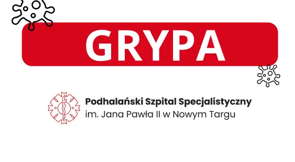 Grafika informuje o grypie, ale warto pamiętać o objawach hantawirusa. Widoczne wirusy i nazwa szpitala.