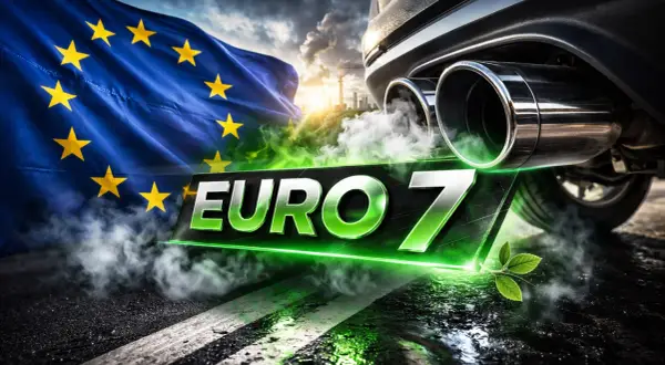 Flaga UE i dym z rury wydechowej symbolizują nowe, bardziej ekologiczne normy emisji spalin. Norma euro 7 nadchodzi!
