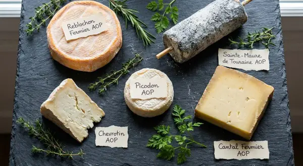 Plateau de fromages au lait de vache : Reblochon, Picodon, Chevrotin, Cantal Fermier et Sainte-Maure de Touraine.