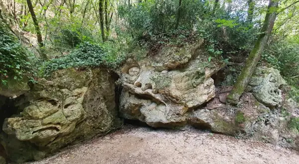 Volto scolpito nella roccia lungo il sentiero Li Vurgacci, circondato da vegetazione lussureggiante.