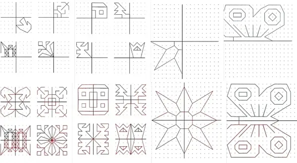 Ejemplos de simetría primaria en cuadrículas: formas geométricas, mariposas y estrellas.
