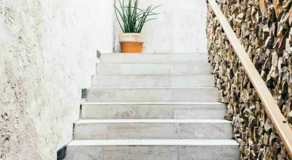 Escalier en marbre avec une plante en pot sur la première marche. Le carrelage de l'escalier, marche ou contremarche, est mis en valeur par un mur de pierres naturelles.