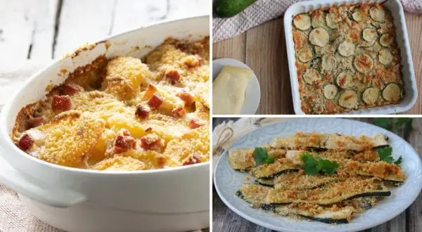 Tre deliziose varianti di zucchine al forno: una gratinata con patate e pancetta, una in teglia con fette tonde e una croccante a bastoncino.