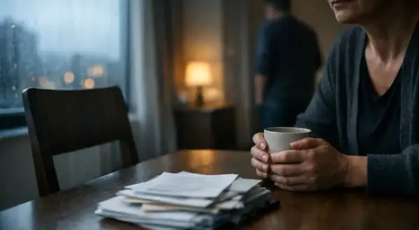 Kto dziedziczy po zmarłym mężu? Kobieta z kubkiem w dłoniach siedzi przy stole z dokumentami, w tle mężczyzna i deszcz za oknem.