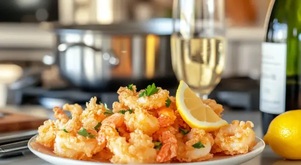 En tallrik med krispig prawn tempura, garnerad med citron och persilja, bredvid ett glas vitt vin och en flaska.