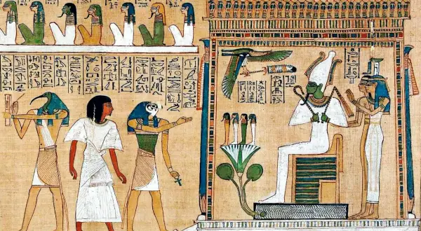 En bild från dödsboken visar Osiris, en gudinna i Egypten, sittande på en tron. Bredvid honom står Isis och Nephthys.