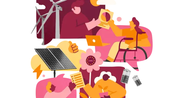 Illustration visar hur csr betyder hållbarhet med vindkraft, solpaneler, batterier, och människor som samarbetar för en bättre framtid.