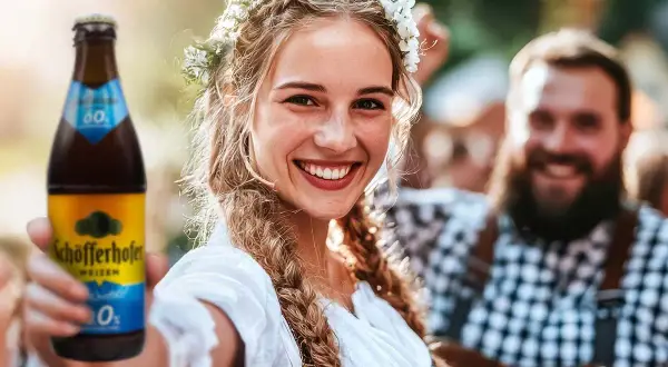Uśmiechnięta dziewczyna w wianku z kwiatów trzyma butelkę Schöfferhofer Weizen, oferując to dobre niemieckie piwo. W tle widać radosnych ludzi.