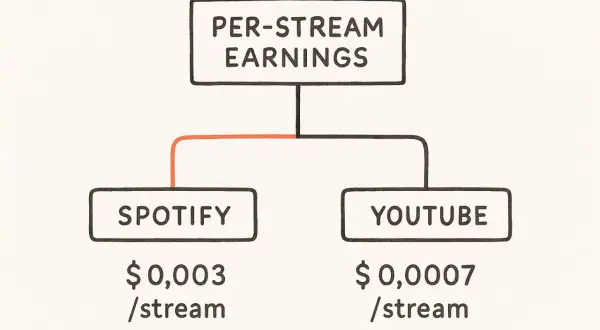 Per-stream earnings for music: Spotify pays $0.003/stream, YouTube pays $0.0007/stream. Understand how to make money from streaming music.