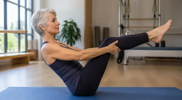 Une femme senior pratique le pilates gratuit, renforçant son corps avec grâce et détermination sur un tapis bleu.