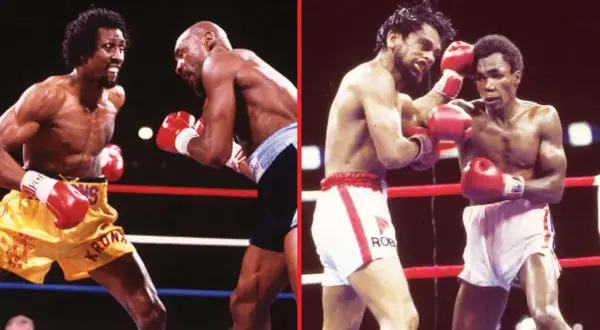 Sugar Ray Leonard in action, showcasing some of his best fights. Two iconic boxing matchups are shown side-by-side.