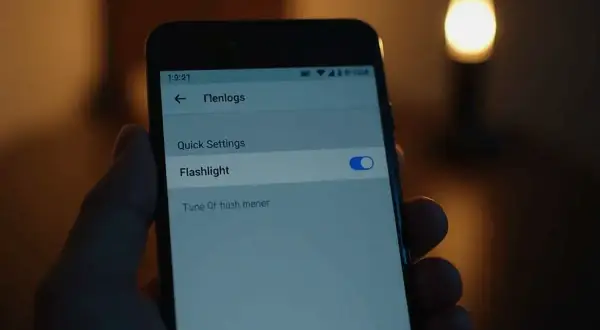 Na ekranie telefonu widać opcję "Flashlight" z włączonym przełącznikiem. Aby wyłączyć latarkę, wystarczy przesunąć suwak.