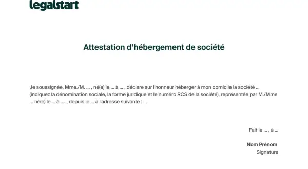 Attestation d'hébergement de société. Ce document officiel certifie l'hébergement d'une société à une adresse donnée.