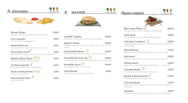 Menu z Grecji: przystawki, owoce morza i dania główne. Ceny w euro, np. Black Angus Ribeye 28,00 €, Mousakas 10,00 €.
