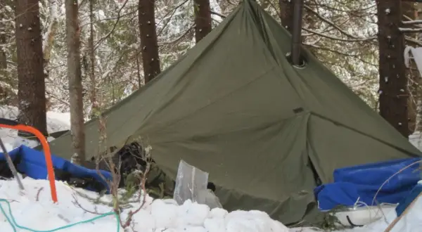 Grön lavvo med skorsten i en snöig skog. Utrustning för vintercamping ligger utspridd i snön.