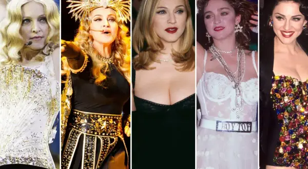 Madonna w stylizacjach ikony lat 80. – od scenicznych kostiumów po klasyczne kreacje.