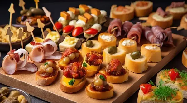 Pyszne pinchos na desce: mini kanapki z wędliną, serem, oliwkami i pomidorkami. Idealne na przyjęcie!